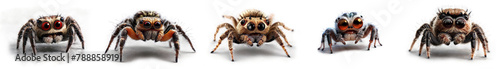 Adorable collection of 5 cartoon jumping spider characters on transparent alpha background. Perfect for playful designs and insect enthusiasts