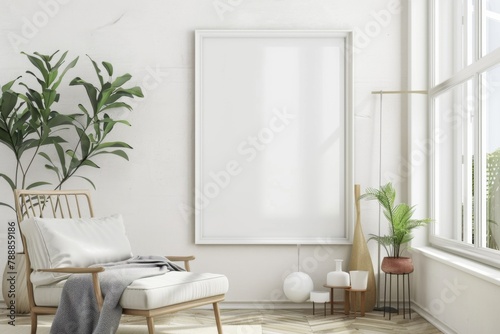 Scandinavian style living room with poster mockup created with generative ai