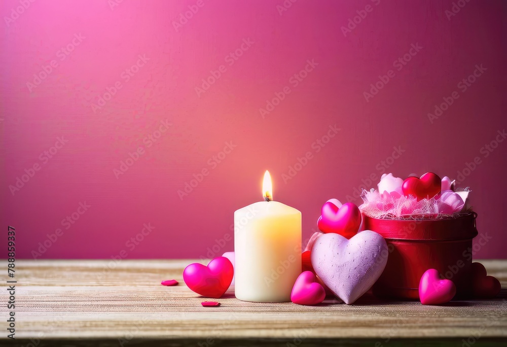 Candle and hearts on wooden table captured through photography