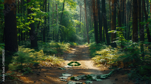 Recycling sign on the background of a green forest with tall large trees