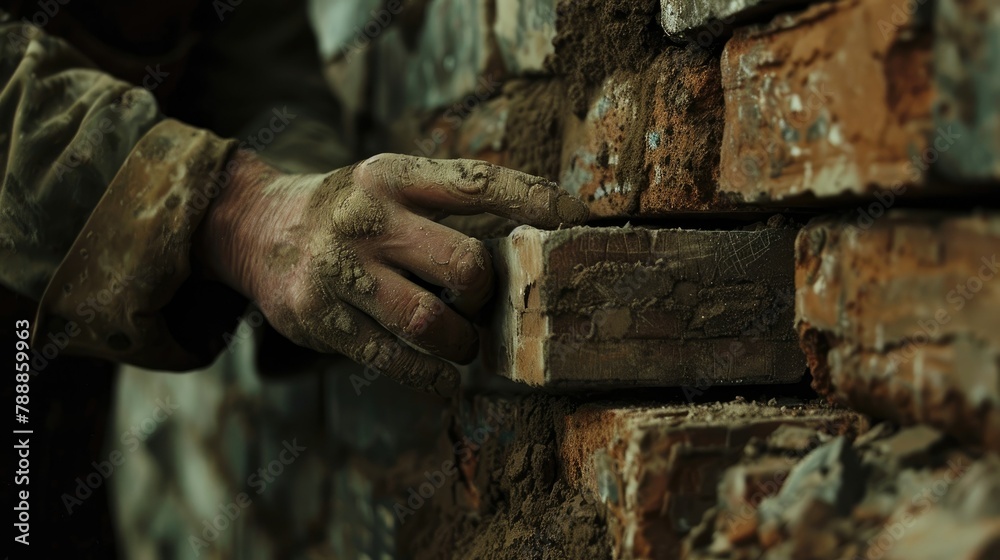 A bricklayer meticulously aligns bricks over fresh mortar in a close up shot skillfully crafting a sturdy wall A bricklayer meticulously aligns bricks over fresh mortar in a close up shot skillfully crafting a sturdy wall