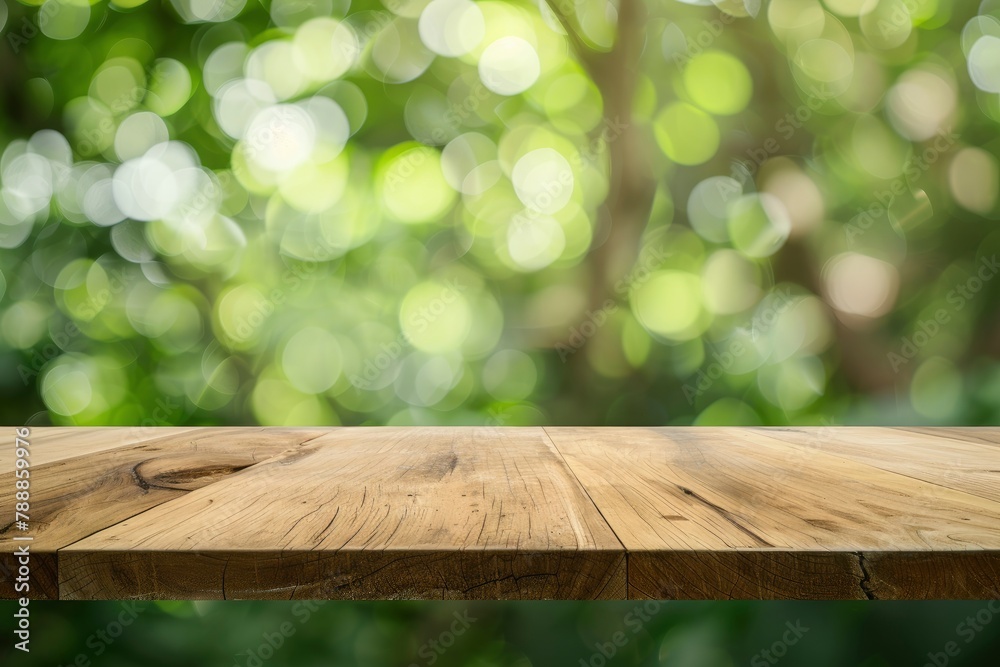 Wood table top on blurred green background - can be used for montage or display your products - generative ai Wood table top on blurred green background - can be used for montage or display your products - generative ai