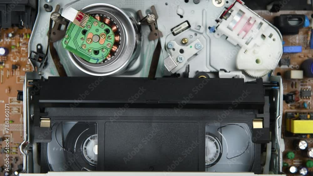 A video cassette is playing inside the VHS VCR, in 4K. Top view. A video cassette is playing inside the VHS VCR, in 4K. Top view.