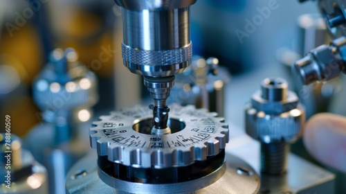 An extreme closeup of a machine part being carefully measured with a micrometer showcasing the attention to detail required in this job. . photo