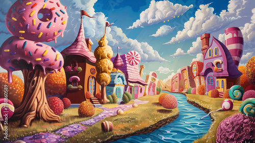 Landscape made of sweets like chocolate houses, lollipop trees, lemonade river, child’s drawing style, sweetly saturated colors, fun strokes photo