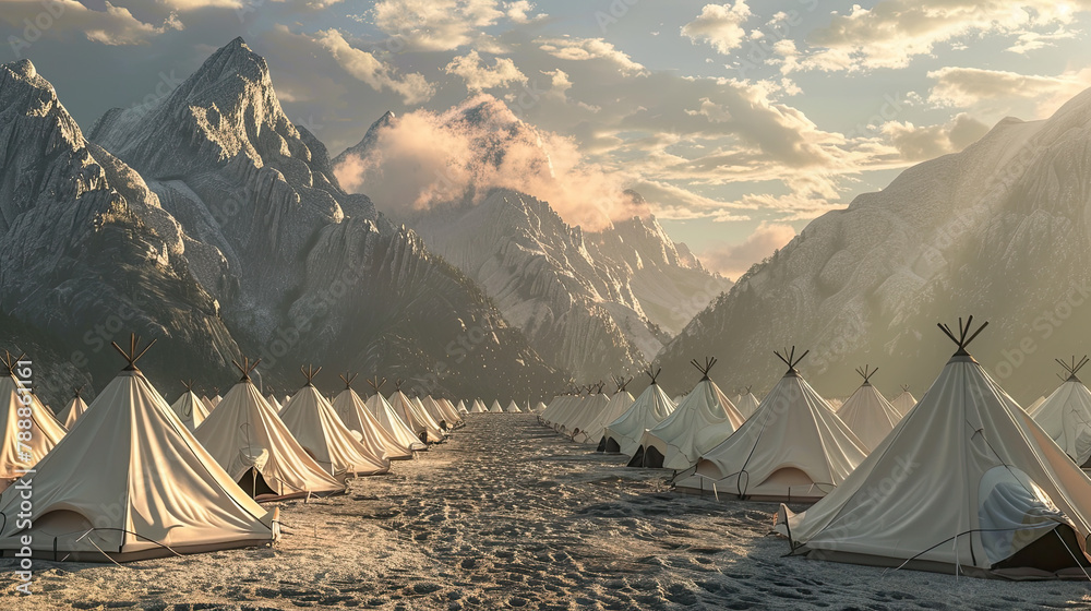 Scenic mountain Rows of white tents