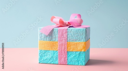 Blank mockup of a bright and colorful paper mache gift box with a textured handmade feel. . photo