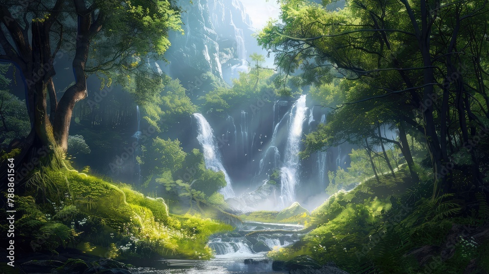 Fototapeta premium Scenic landscape with a picturesque waterfall flowing through a pristine forest, inviting exploration