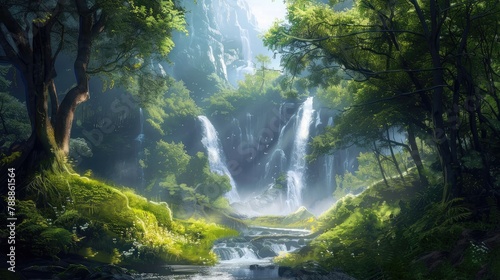 Scenic landscape with a picturesque waterfall flowing through a pristine forest  inviting exploration