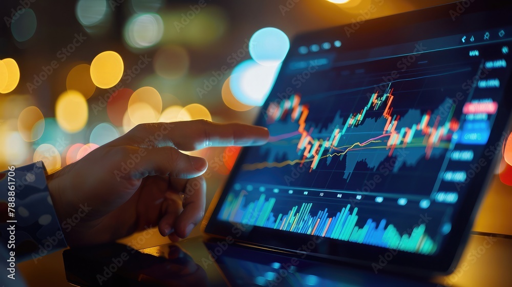 person analyzes stock market data on their tablet, leveraging digital tools for strategic investment planning and execution. person analyzes stock market data on their tablet, leveraging digital tools for strategic investment planning and execution.