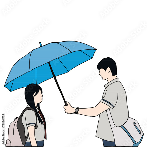 Illustration vector of a man trying to protect his woman from the heavy rain with an umbrella. Inspired by one of the famous Korean drama scenes.