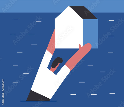 Natural disaster scene of catastrophic flood with flooded buildings. Man hold safe house. Flat vector illustration.