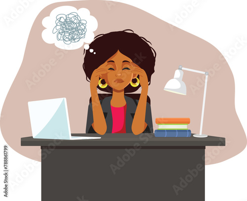 Stressed Burnout Office Worker Having Problems Focusing Vector Illustration. Businesswoman worrying about her enterprise in the future
