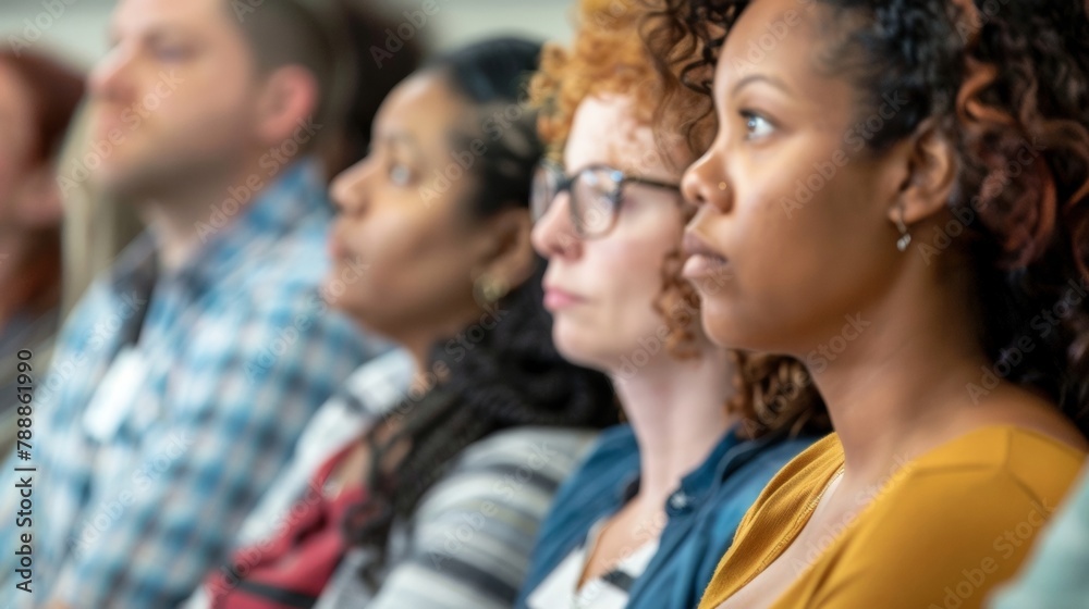 Closeup of a group of employees attending a mandatory mental health training session. The policy requires all employees to go through regular training to increase their understanding . Closeup of a group of employees attending a mandatory mental health training session. The policy requires all employees to go through regular training to increase their understanding .
