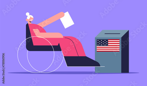 Election Day. Old Voters vote at the polling station. People with disabilities place paper ballots in the ballot box. Flat vector illustration.