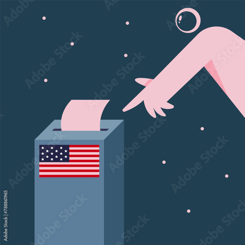 Election Day in Space. Voters Astronaut vote at the polling station. People place paper ballots in the ballot box. Flat vector illustration.