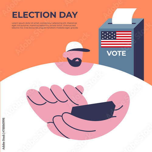 Election Day. Voters vote at the mobile app. Online voting application. People place paper ballots in the ballot box. Flat vector illustration.