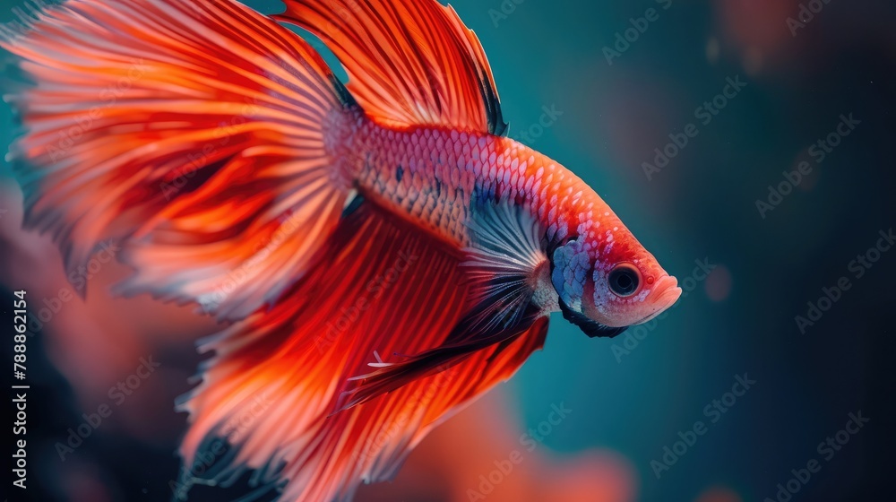 Close-up of a graceful betta fish displaying its flowing fins and vivid colors in an ornamental tank Close-up of a graceful betta fish displaying its flowing fins and vivid colors in an ornamental tank