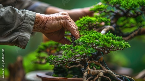 close-up of hands pruning and shaping bonsai trees, mastering the art of miniature landscapes