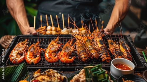 chef presenting a platter of grilled seafood, including prawns, squid, and fish, seasoned with Thai spices and served with dipping sauces.