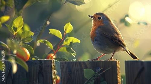 charming robin with a bright red breast perched on a garden fence, singing its melodious song photo