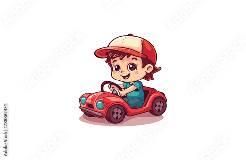 Cute boys playing with cars vector Logo Mascot design