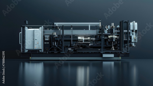 Sleek, hyper-modern design showcasing plastic extrusion injection molding machine on dark mode background