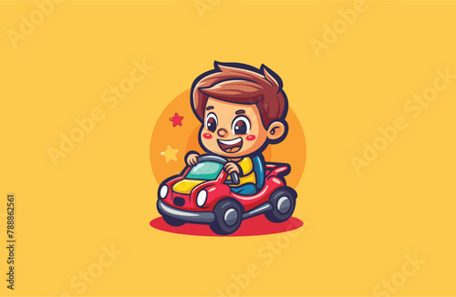 Cute boys playing with cars vector Logo Mascot design