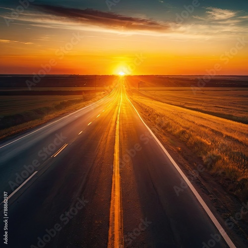 
As the sun sets in the background, a car glides smoothly along a winding road, setting a tranquil late afternoon scene.