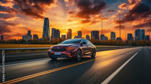car on the highway with cityscape in the background at sunset. photo