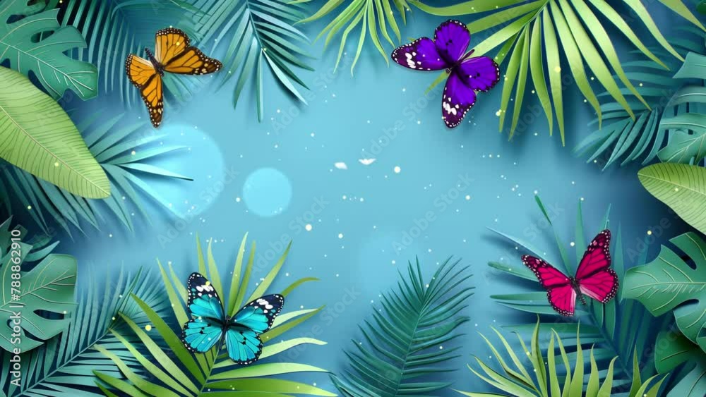 palm leaves on blue top view with paper cut style. seamless looping overlay 4k virtual video animation background palm leaves on blue top view with paper cut style. seamless looping overlay 4k virtual video animation background
