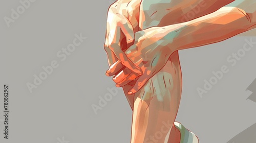 A hand gripping a sore knee, simple gray backdrop, in a detailed medical illustration style.