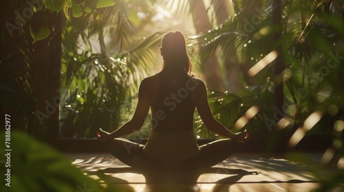 A defocused image of a person sitting on a yoga mat surrounded by greenery and natural light suggesting the harmonious balance between physical and mental wellbeing in the pursuit . photo