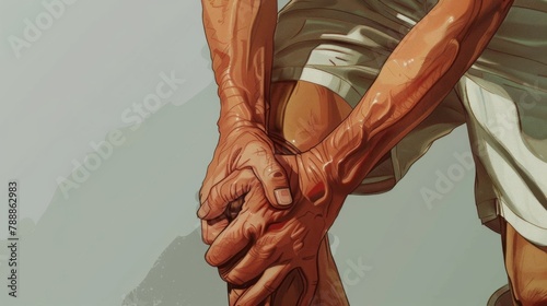 A hand gripping a sore knee, simple gray backdrop, in a detailed medical illustration style.