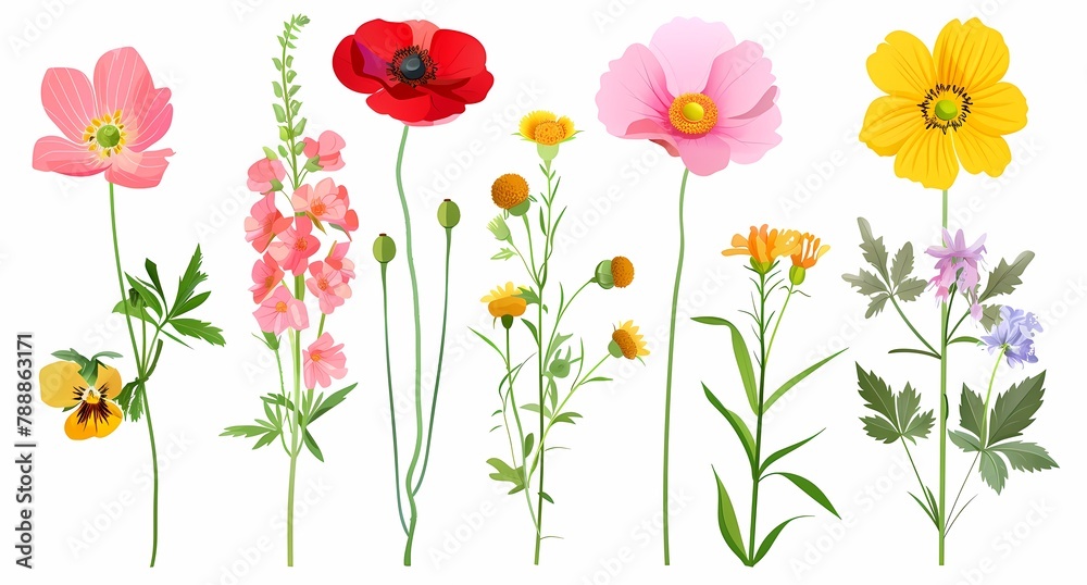 Vibrant Collection of Various Blooming Flowers Isolated on White Background