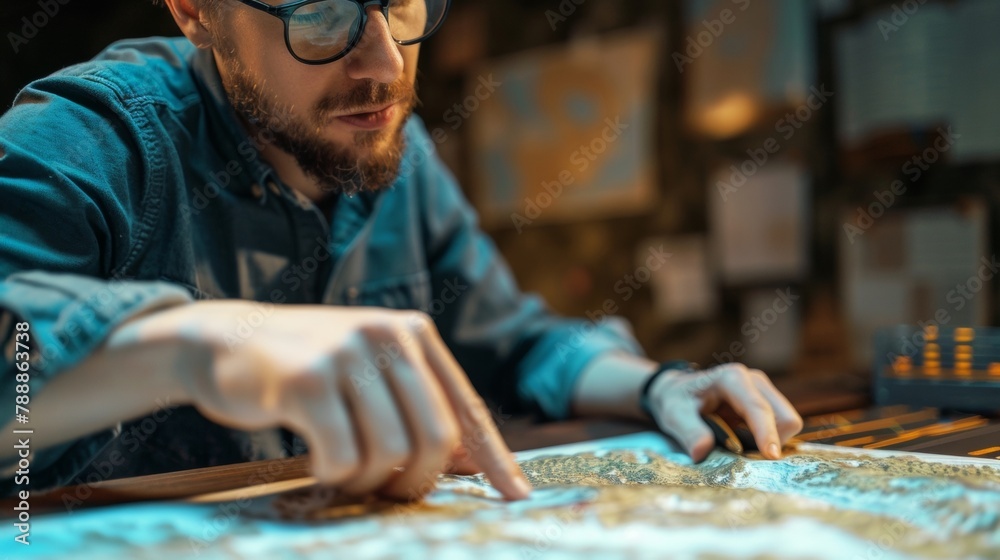 A curious scientist studying a topographical map of uncharted land while pointing to key data points on the graph eager to uncover hidden information. . A curious scientist studying a topographical map of uncharted land while pointing to key data points on the graph eager to uncover hidden information. .