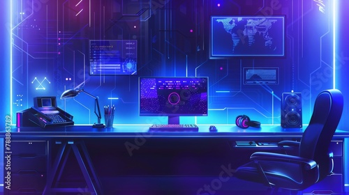 A minimalist home office with high-tech gadgets for cybersecurity monitoring, bathed in blue light, in a futuristic style.