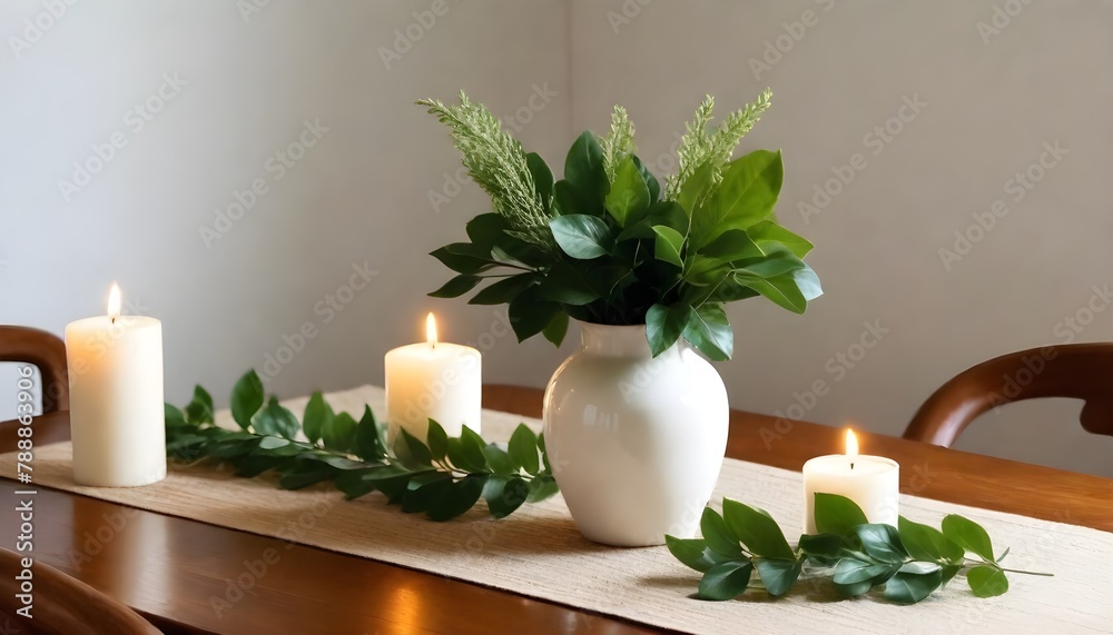 Minimal Scandinavian contemporary wooden table. Wicker, candles, vase, 