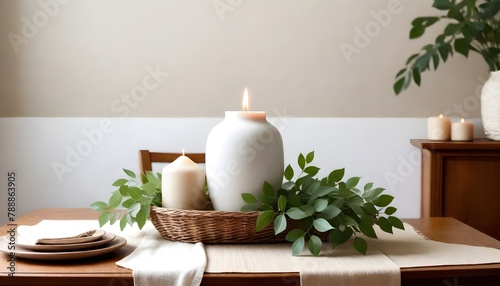 Minimal Scandinavian contemporary wooden table. Wicker, candles, vase, 