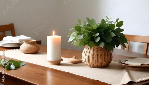 Minimal Scandinavian contemporary wooden table. Wicker  candles  vase  