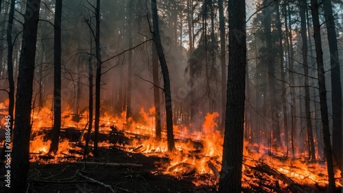 Forest fire raging among pine trees © Kumblack