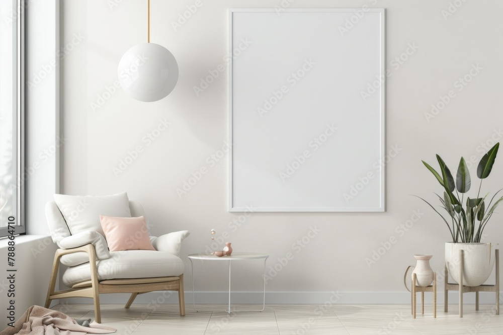 Fototapeta premium Scandinavian style living room with poster mockup created with generative ai