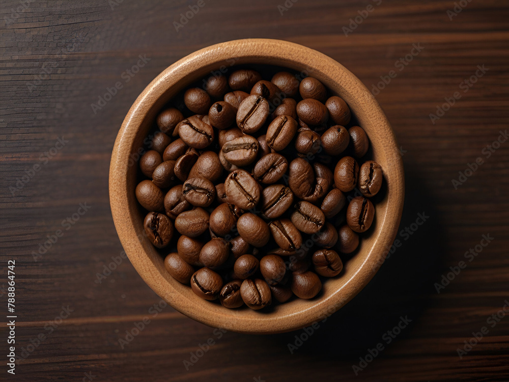 Top view of wooden bowl filled with coffee beans Top view of wooden bowl filled with coffee beans