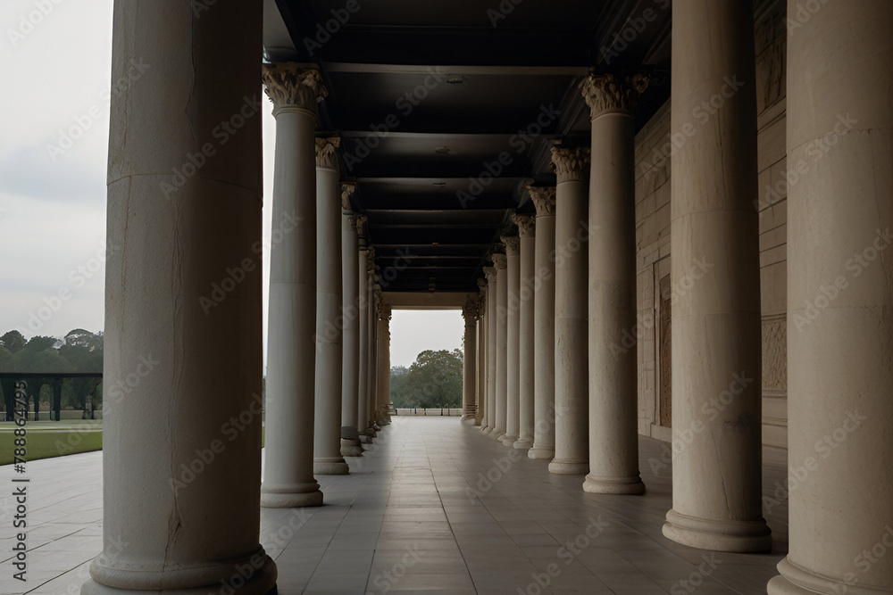 Hallway of an ancient structure with many pillars