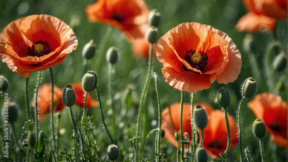 Vibrant red poppies blooming in sunny field