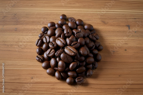 Coffee beans spreaded on wooden base