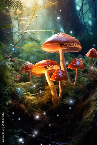 Fantasy forest scene with fly agaric mushrooms