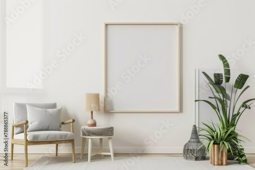 Scandinavian style living room with poster mockup created with generative ai