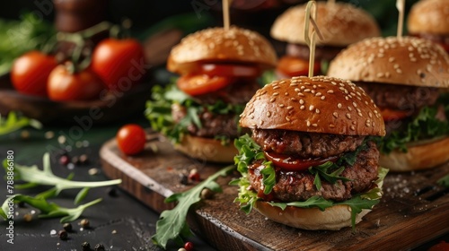 Burger sliders on skewers featuring juicy meat patties crisp lettuce and sesame seed buns topped with a sprinkle of cherry tomato slices elegantly displayed on a serving platter