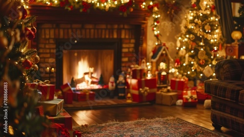 Defocused fire crackling in the fireplace casting a warm glow on the richly decorated living room filled with presents and ling Christmas village displays creating a cozy and nostalgic .